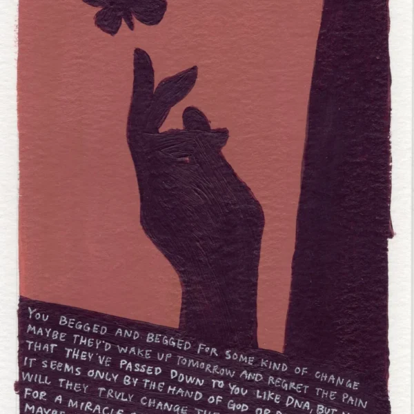 An art print of a silhouette of a hand reaching out to a butterfly, with a large amount of text at the bottom of the print