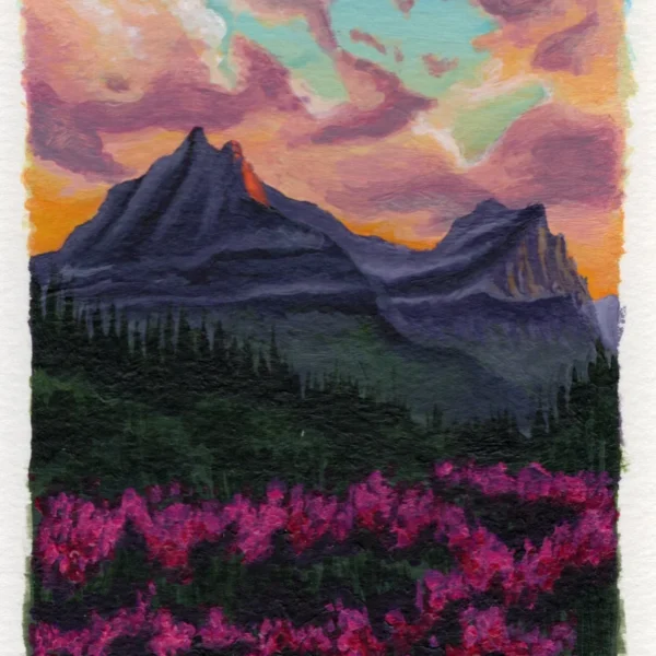 An art print of mountains under a vibrant sky