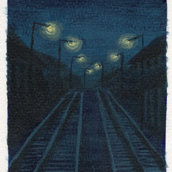 A nighttime art print of train tracks with lit street lamps over them