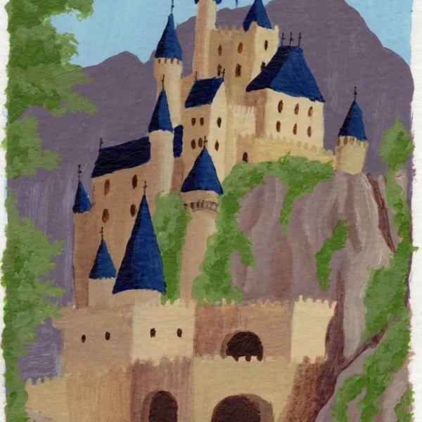 An art print of a cream and blue colored castle with green moss