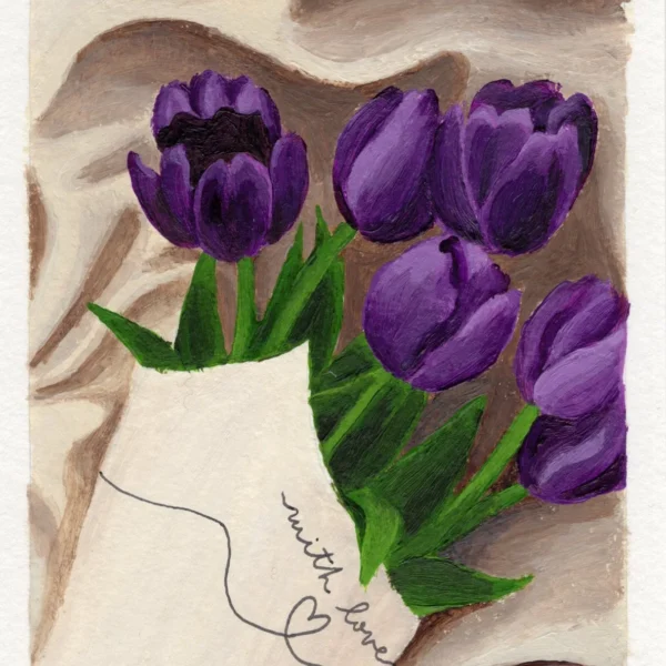 An art print of a bouquet of purple flowers