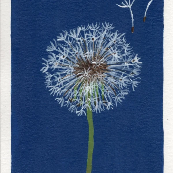 An art print of a dandelion with some of its "puffs" floating into the air
