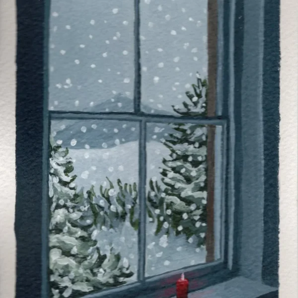 An original art print of a window looking out at a snowy landscape