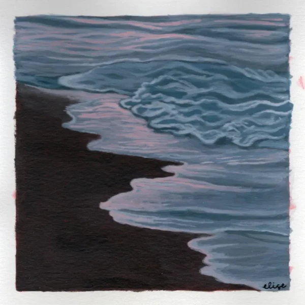 An original art print of ocean waves crashing onto a beach