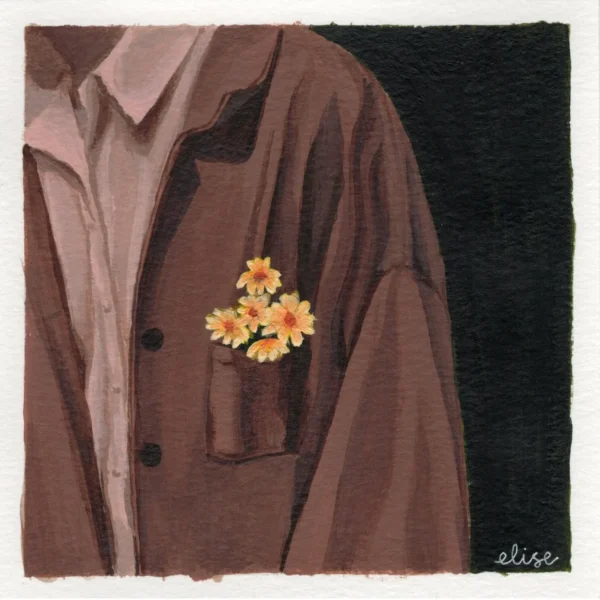 An original art print of a brown jacket with yellow flowers in its pocket