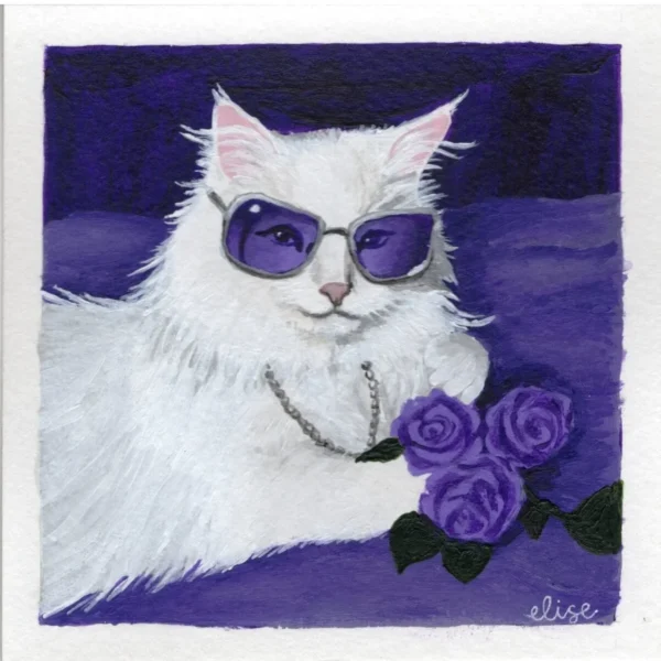 An original art print of a white cat with a chain necklace, purple sunglasses, and purple flowers
